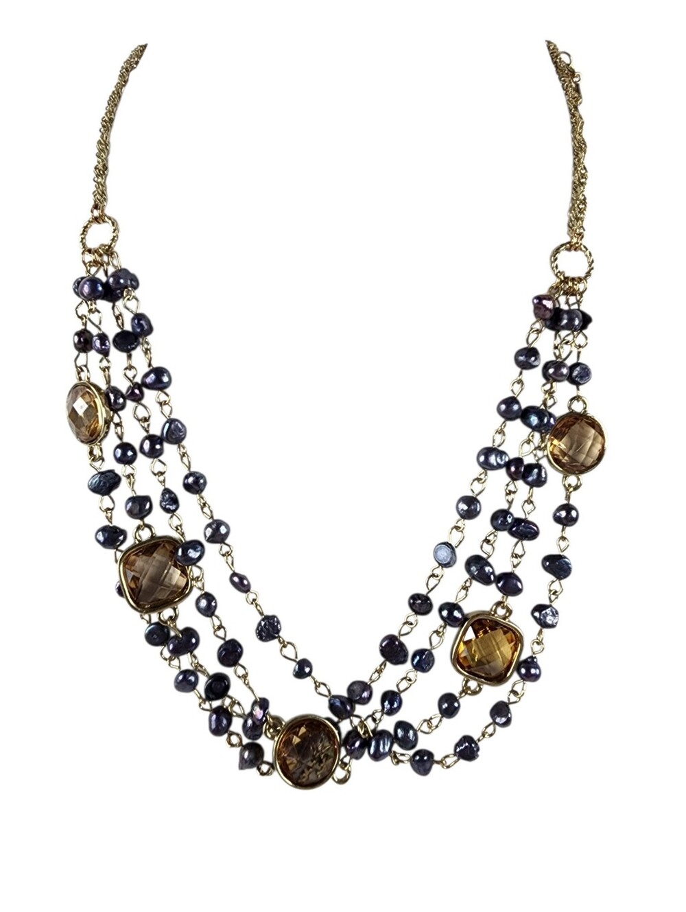 Multi Strand Pearl Necklace Gold Tone Purple Baroque Pearls Adjustable Length